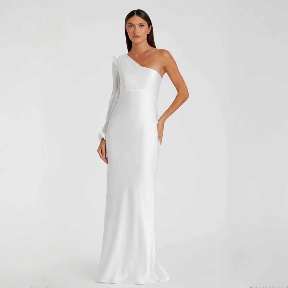 Mac Duggal 55401 Empire Waist One Shoulder White Satin Gown Size 4